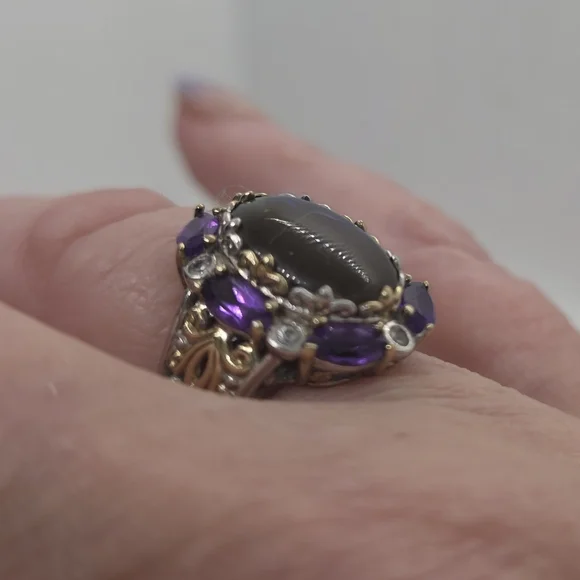 Michael Valitutti Rare Genuine Ammolite & African Amethyst  Ring - Picture 8 of 8